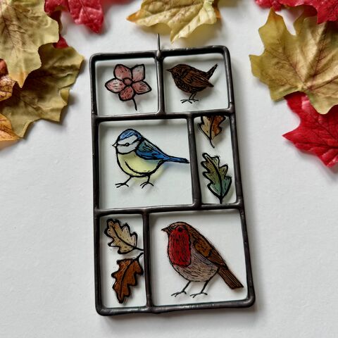 Hand,Painted,Stained,Glass,Hanging,(second),Home decor, sun catcher, stained glass, hand painted, birds