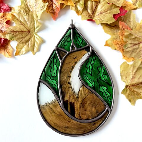 Hand,Painted,Stained,Glass,Fox,Hanging,Home decor, sun catcher, stained glass, hand painted, fox