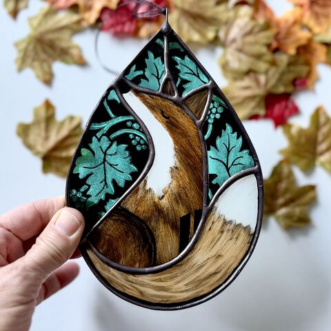 Hand,Painted,Stained,Glass,Fox,Hanging,Home decor, sun catcher, stained glass, hand painted, fox