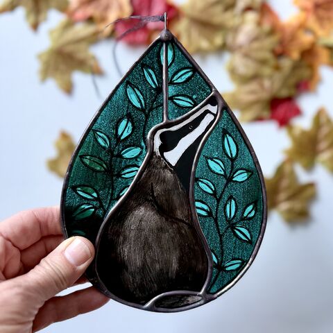 Hand,Painted,Stained,Glass,Badger,Hanging,Home decor, sun catcher, stained glass, hand painted, badger