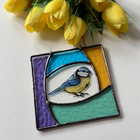 Hand,Painted,Blue,Tit,Stained,Glass,Sun,Catcher,Home decor, sun catcher, stained glass, blue tit