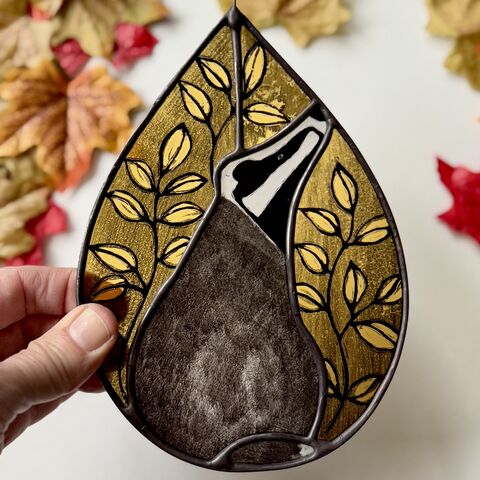Hand,Painted,Stained,Glass,Badger,Hanging,Home decor, sun catcher, stained glass, hand painted, badger