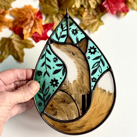 Hand,Painted,Stained,Glass,Fox,Hanging,Home decor, sun catcher, stained glass, hand painted, fox