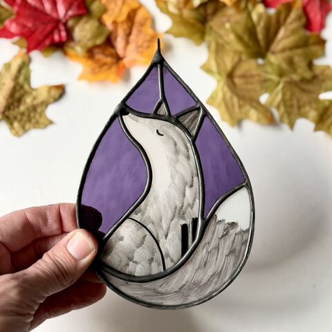 Hand,Painted,Stained,Glass,Fox,Hanging,Home decor, sun catcher, stained glass, hand painted, fox
