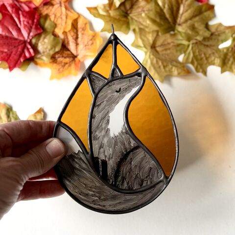 Hand,Painted,Stained,Glass,Fox,Hanging,Home decor, sun catcher, stained glass, hand painted, fox