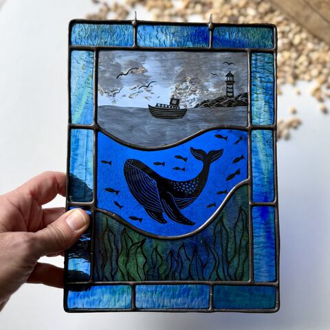 Hand,Painted,Whale,and,Lighthouse,(panel,only),Home decor, sun catcher, stained glass, ocean, whale