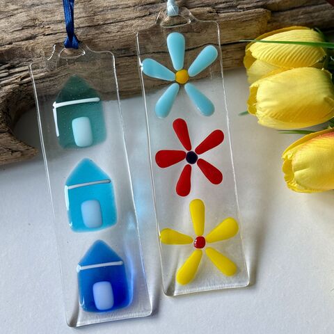 Fused,Glass,Hanging,Fused glass, flowers, beach huts