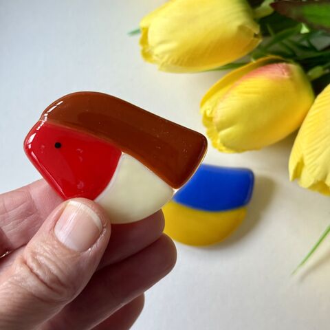 Fused,Glass,Bird,Brooch,Fused glass, robin, blue tit, brooch