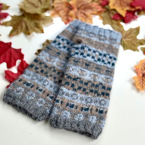 Hand,Knitted,Wrist,Warmers,Blue,,Grey,,Beige,Fairisle