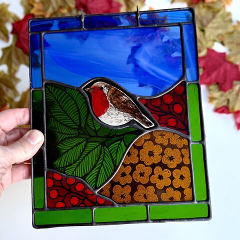 Hand,Painted,Robin,Home decor, sun catcher, stained glass, robin