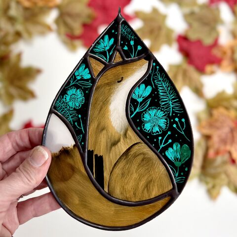 Hand,Painted,Stained,Glass,Fox,Hanging,Home decor, sun catcher, stained glass, hand painted, fox