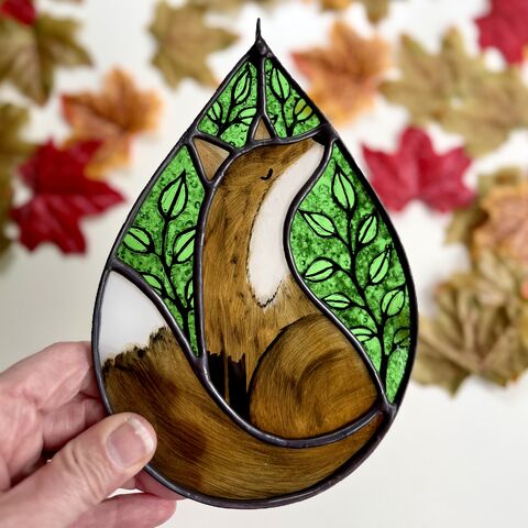 Hand,Painted,Stained,Glass,Fox,Hanging,Home decor, sun catcher, stained glass, hand painted, fox