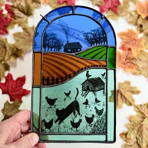 Hand,Painted,‘Cat,Amongst,the,Chickens’,Panel,Home decor, sun catcher, stained glass, robin