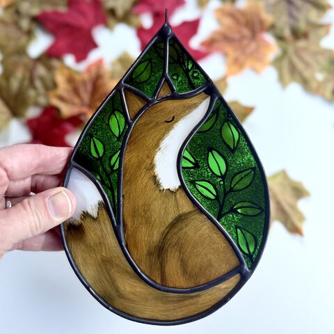 Hand,Painted,Stained,Glass,Fox,Hanging,Home decor, sun catcher, stained glass, hand painted, fox