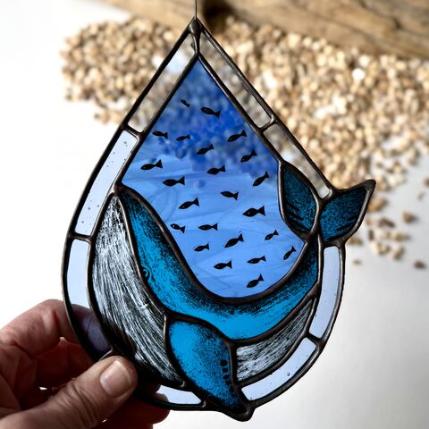Hand,Painted,Whale,(second),Home decor, sun catcher, stained glass, ocean, whale