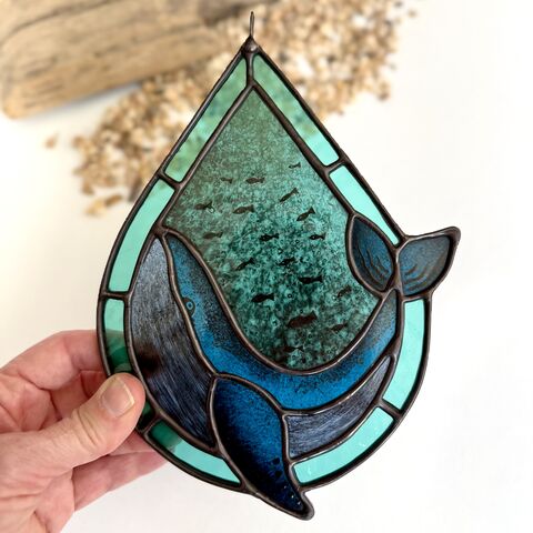 Hand,Painted,Whale,Home decor, sun catcher, stained glass, ocean, whale