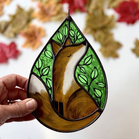 Hand,Painted,Stained,Glass,Fox,Hanging,Home decor, sun catcher, stained glass, hand painted, fox