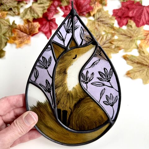 Hand,Painted,Stained,Glass,Fox,Hanging,Home decor, sun catcher, stained glass, hand painted, fox