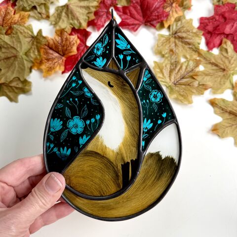 Hand,Painted,Stained,Glass,Fox,Hanging,Home decor, sun catcher, stained glass, hand painted, fox