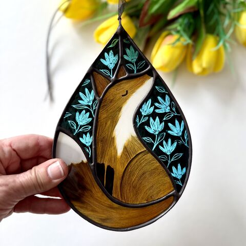 Hand,Painted,Stained,Glass,Fox,Hanging,Home decor, sun catcher, stained glass, hand painted, fox