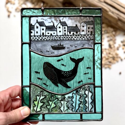 Hand,Painted,Whale,Scene,Home decor, sun catcher, stained glass, ocean, whale