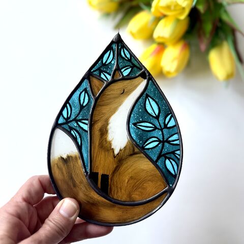 Hand,Painted,Stained,Glass,Fox,Hanging,Home decor, sun catcher, stained glass, hand painted, fox