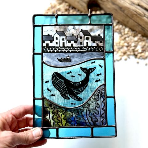 Hand,Painted,Whale,Scene,(panel,only),Home decor, sun catcher, stained glass, ocean, whale