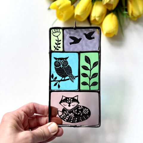 Hand,Painted,Stained,Glass,Hanging,Home decor, sun catcher, stained glass, hand painted, woodland 