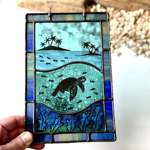 Hand,Painted,Turtle,Scene,(panel,only),Home decor, sun catcher, stained glass, ocean, turtle
