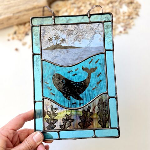 Hand,Painted,Whale,Scene,Home decor, sun catcher, stained glass, ocean, whale