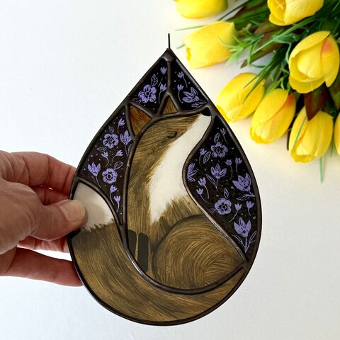 Hand,Painted,Stained,Glass,Fox,Hanging,Home decor, sun catcher, stained glass, hand painted, fox