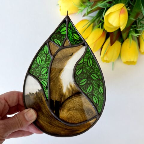 Hand,Painted,Stained,Glass,Fox,Hanging,Home decor, sun catcher, stained glass, hand painted, fox