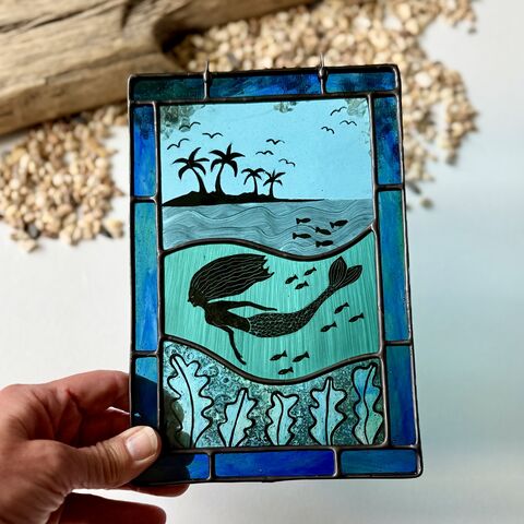 Hand,Painted,Mermaid,Scene,(Panel,Only),Home decor, sun catcher, stained glass, ocean, mermaid