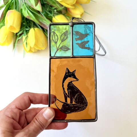 Hand,Painted,Stained,Glass,Hanging,Home decor, sun catcher, stained glass, hand painted, woodland 