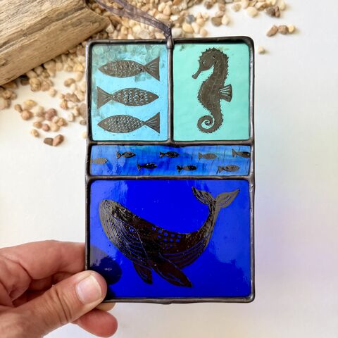 Hand,Painted,Stained,Glass,Hanging,Home decor, sun catcher, stained glass, hand painted, ocean