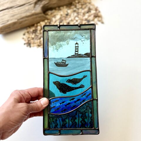 Hand,Painted,Ocean,Scene,-,Seals,Home decor, sun catcher, stained glass, ocean, seals