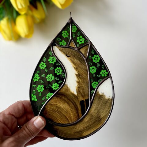 Hand,Painted,Stained,Glass,Fox,Hanging,Home decor, sun catcher, stained glass, hand painted, fox
