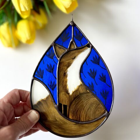 Hand,Painted,Stained,Glass,Fox,Hanging,Home decor, sun catcher, stained glass, hand painted, fox