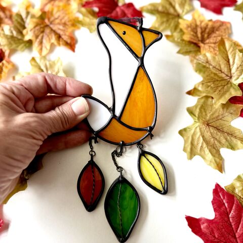 Stained,Glass,Autumn,Fox, autumn, leaves, stained glass sun catcher, handmade gifts, 