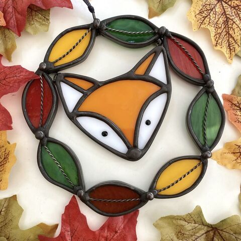 Stained,Glass,Peeping,Fox,Wreath,(Made,to,Order), autumn wreath, leaves, stained glass sun catcher, handmade gifts, 