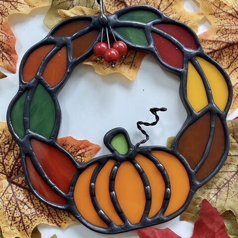 Stained,Glass,Autumn,Wreath,(Made,to,Order),Pumpkin, autumn wreath, leaves, stained glass sun catcher, handmade gifts, 