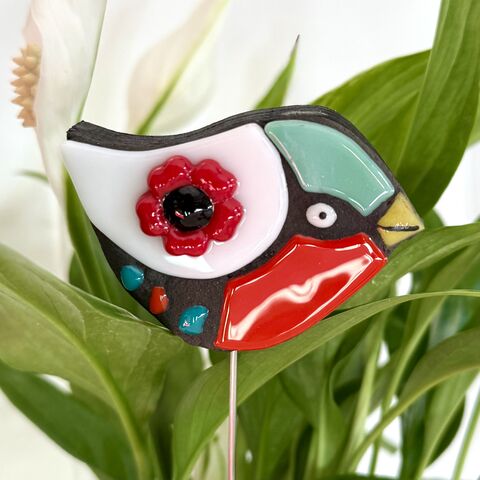 Mosaic,Bird,Plant,Buddy,(White,,Turquoise,and,Red), mosaic, home decor, plant buddy