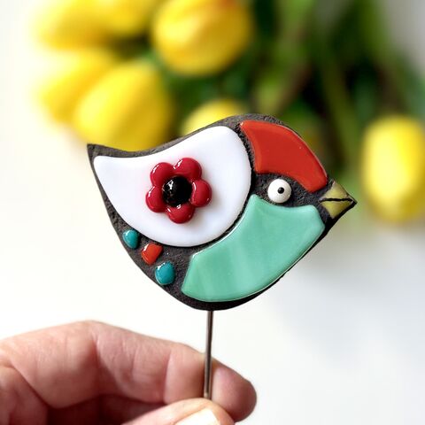 Mosaic,Bird,Plant,Buddy,(White,,Red,and,Turquoise), mosaic, home decor, plant buddy