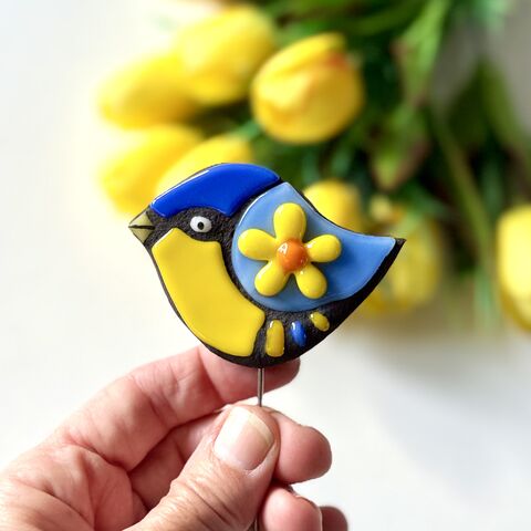 Mosaic,Bird,Plant,Buddy,(Blue,and,Yellow), mosaic, home decor, plant buddy