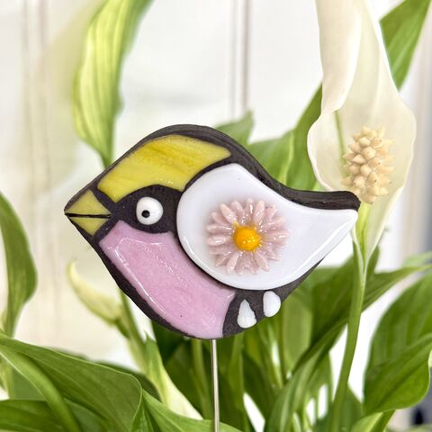 Mosaic,Bird,Plant,Buddy,(Pink,and,Yellow), mosaic, home decor, plant buddy
