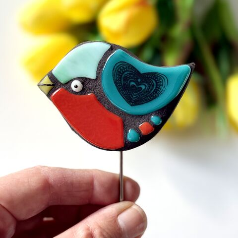 Mosaic,Bird,Plant,Buddy,(Red,and,Teal,with,Mandala), mosaic, home decor, plant buddy