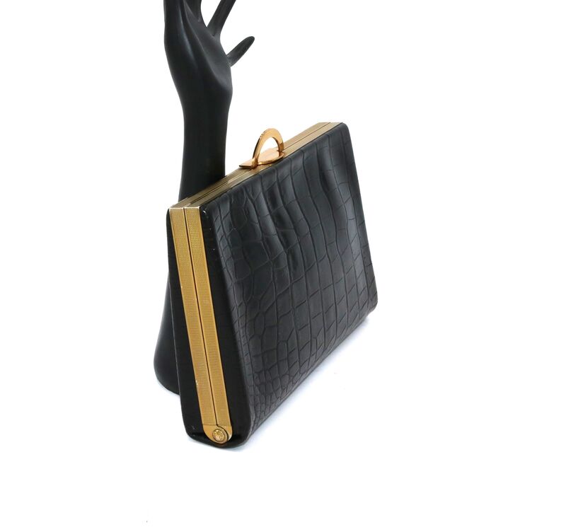 Vintage 50's - EVANS ELEGANCE - Black Leather ALLIGATOR Embossed Fitted Clutch Handbag - product images  of 