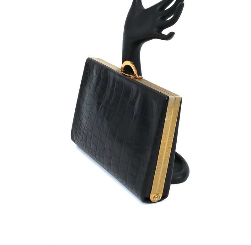 Vintage 50's - EVANS ELEGANCE - Black Leather ALLIGATOR Embossed Fitted Clutch Handbag - product images  of 