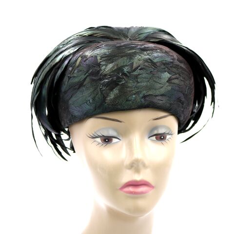Vintage,-,MAAS,BROTHERS,Florida,Deep,Green,Feather,Pillbox,Hat,Netting,Maas Brothers, Florida, green, feather, vintage hat, pillbox, netting, black