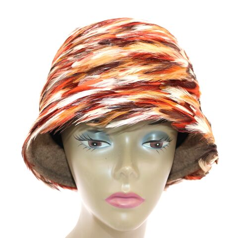 Vintage,-,KOKIN,Autumn,Toned,Multi-Color,Feather,Bucket,Hat,100%,Wool,New,York,Kokin, vintage hat, cloiche, feather, autumn, multi-color, brown, wool